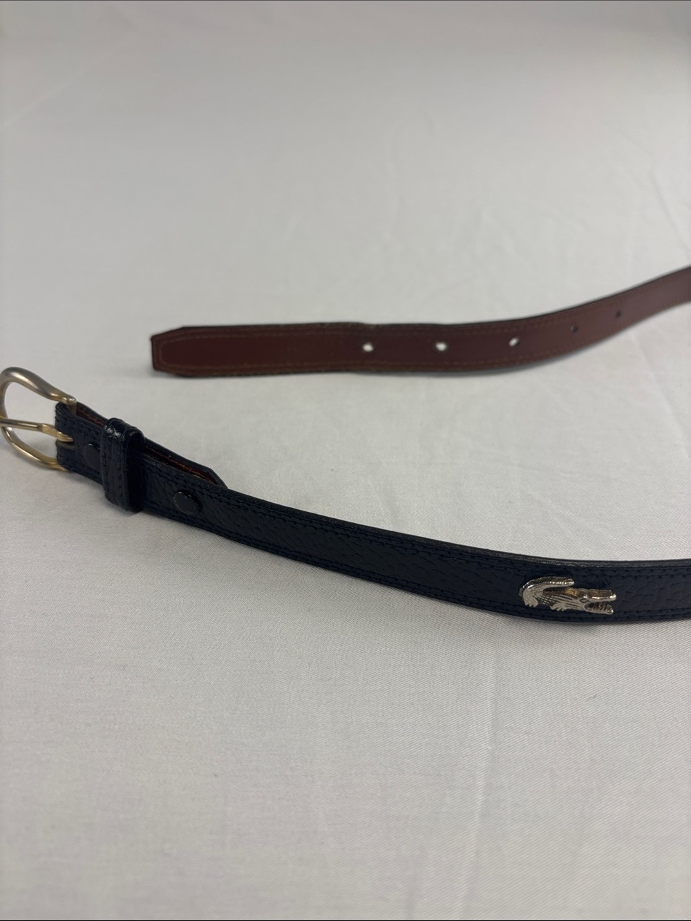 Lacoste Vintage Black Leather Belt with Gold Crocodile Accent 28-70